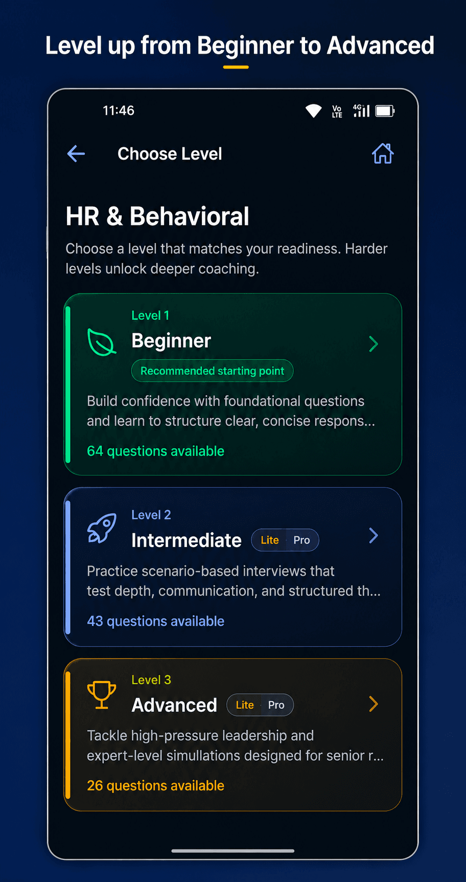 Vaktora level selection screen with Beginner, Intermediate and Advanced tiers and the number of questions available in each