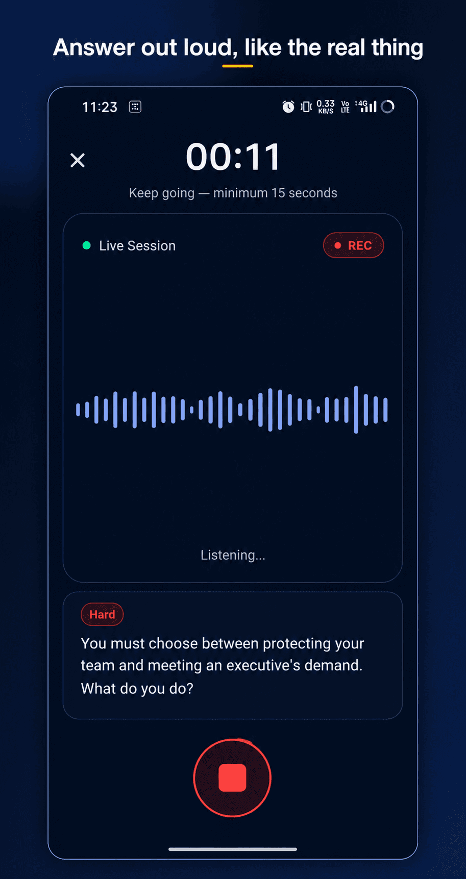Vaktora live session screen recording a spoken answer to a hard behavioral question, with a waveform and timer