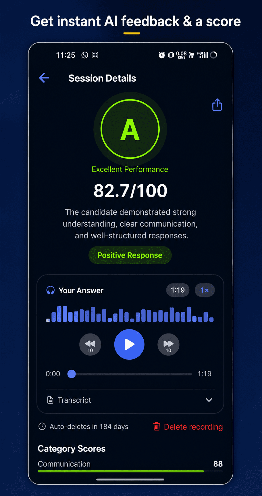 Vaktora session report showing an overall grade, a score out of 100, written feedback, the recorded answer with transcript and per-category scores